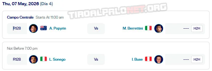atp roma partidos campo centrale jueves7 mayo 2026 tiroalpalo
