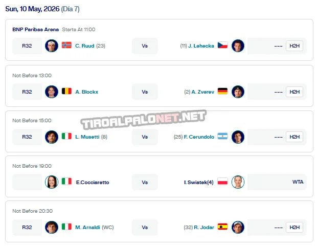 atp roma partidos domingo10 mayo 2026 tiroalpalo