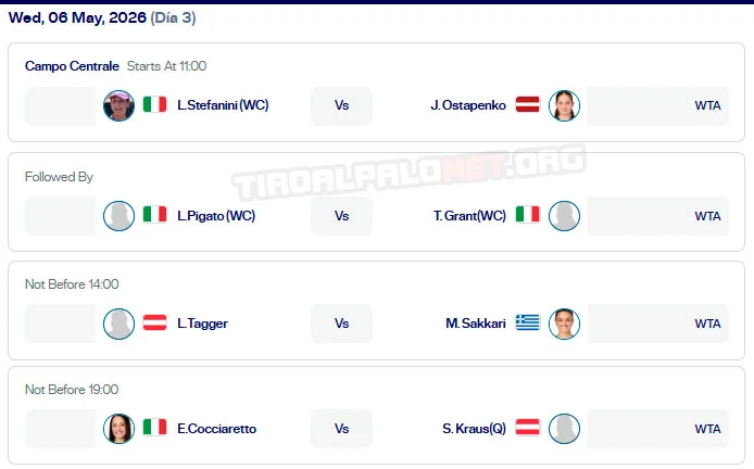 wta roma partidos campo centrale miercoles6 mayo 2026 tiroalpalo