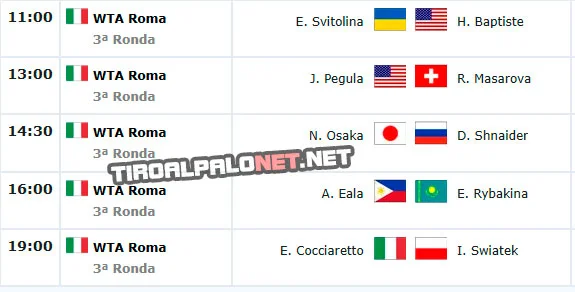 wta roma partidos domingo10 mayo 2026 tiroalpalo