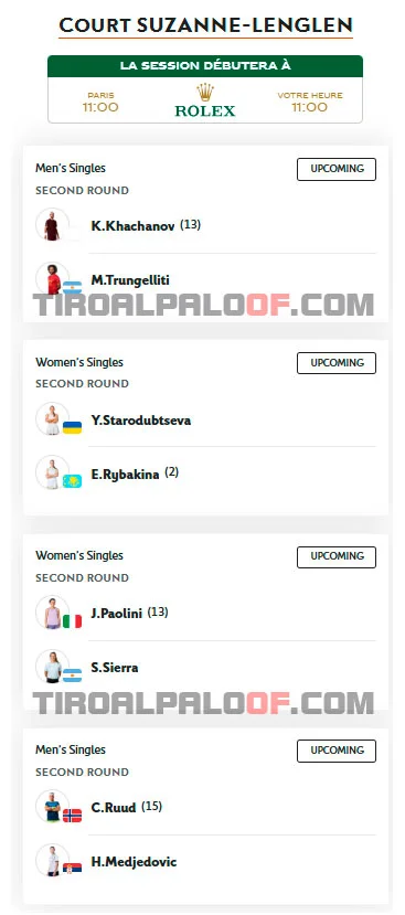 roland garros suzanne lenglen miercoles27 mayo 2026 tiroalpalo